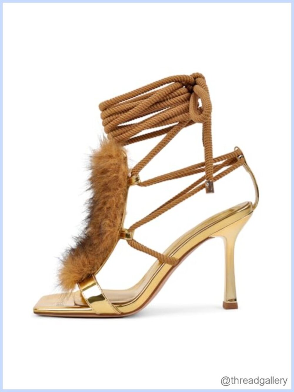 Faux Fur Lace-Up Stiletto Sandals Square Toe Ankle Wrap Heels